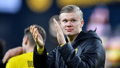 Dortmund's Erling Haaland claps hands supporters after winning the Bundesliga match. AP