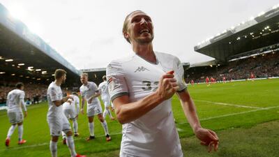 Leeds United's Luke Ayling celebrates scoring the winner against Bristol City. Reuters