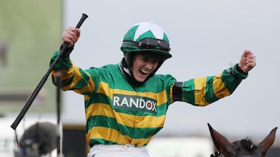 Rachael Blackmore celebrates winning the Grand National at Aintree, the first female winner, riding Minella Times. Reuters