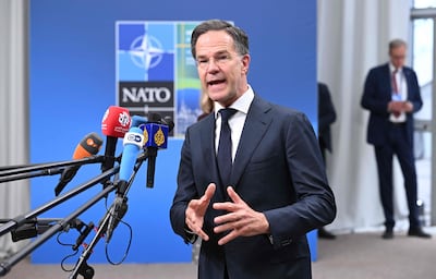 Nato Secretary General Mark Rutte answers journalists' questions as he arrives at the Nato Foreign Ministers' meeting in Helsingborg. AFP