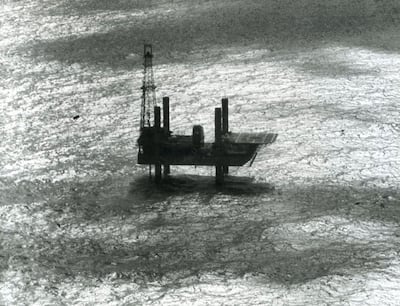 The Adma Enterprise rig off Abu Dhabi's Das Island in 1958. Oil was discovered that year. BP Archive