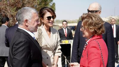 Norway's King Harald V and his wife Queen Sonja speak with Jordan's king Abdullah II and his wife Queen Rania . REUTERS