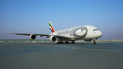 A custom A380 livery dedicated to Dubai’s Museum of the Future. Photo: Emirates