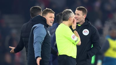 Newcastle manager Eddie Howe remonstrates with the fourth official after the goal was disallowed. Reuters