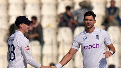 England bowler James Anderson celebrates after taking the wicket of Pakistan's Abrar Ahmed for 17. AP