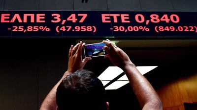 Shares at the Athens Stock Exchange fell 16.2 per cent at close on Monday, after shedding as much as 30 per cent when the bourse reopened after a five-week shutdown. Aris Messinis / AFP