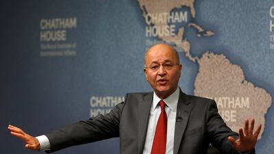 Iraqi President Barham Salih speaks at The Royal Institute of International Affairs in London on Wednesday, June 26. AP