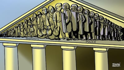 While Shadi Ghanim is on holiday, we are republishing some of his best work. This cartoon was originally published on April and refers to confrontation between Greek police and migrants arriving from Africa and Syria, via Turkey.