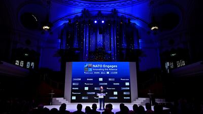 Britain's Defence Secretary Ben Wallace speaks at the official NATO outreach event, 'Nato Engages' in central London. AFP