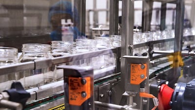 Sterilised glass containers on the automated conveyor system are UV checked before being filled with cheese in the production line. Victor Besa / The National