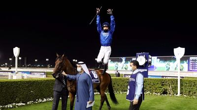 Frankie Dettori celebrates his win on Soft Whisper in the UAE 1000 Guineas at the Dubai World Cup Carnival. Chris Whiteoak / The National