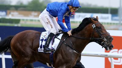Thunder Snow and Christophe Soumillon in action during their victorious run to win the UAE Derby on Dubai World Cup night in March. Pawan Singh / The National