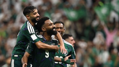 Saudi Arabia's Firas Al Buraikan celebrates scoring the first goal. Reuters