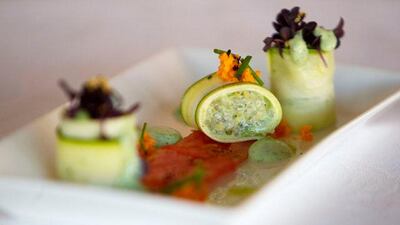 Dubai, United Arab Emirates, November 15, 2012: Zucchini Spouts Roulade, a creation by Madinat Jumeirah Resort Wellbeing Chef Gabriele Kurz at Magnolia restaurant in Dubai on November 15, 2012. Christopher Pike / The National