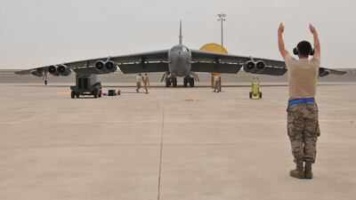 A US Air Force B-52 bomber arrives at Al Udeid Air Base, Qatar April 9, 2016.. US Air Force / Reuters