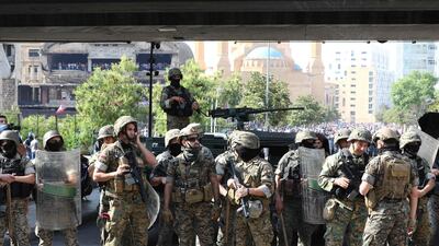 Lebanese army soldiers stand guard during a demonstration in central Beirut. AFP