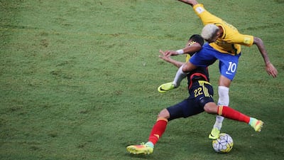 Neymar (right) of Brazil in action with Jaison Murillo of Colombia in the two sides’ World Cup qualifier. Paulo Whitaker / Reuters
