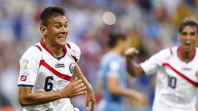 Costa Rica's Oscar Duarte celebrates after scoring against Uruguay during their 2014 World Cup Group D match on Saturday in Fortaleza, Brazil. Dominic Ebenbichler / Reuters