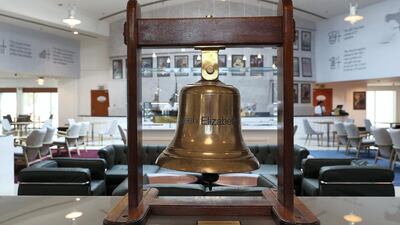 Queen Elizabeth 2 Bell on display at the reception area near the Queen Elizabeth 2 ship in Dubai. Pawan Singh / The National