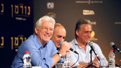Actor Richard Gere (L), director Joseph Cedar (C) and actor Lior Ashkenazi hold a news conference following the screening of the film 'Norman: The Moderate Rise And Tragic Fall Of A New York Fixer' at the Jerusalem Cinematheque on March 9, 2017. Nir Elias / Reuters
