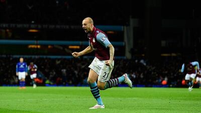 Alan Hutton celebrates scoring Aston Villa's winner in their 2-1 victory over Leicester City in the Premier League at Villa Park on Sunday. Stu Forster / Getty Images / December 7, 2014