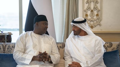 Sheikh Mohamed bin Zayed meets Adama Barrow, President of Gambia, during a Sea Palace barza on Monday. Mohamed Al Hammadi / Ministry of Presidential Affairs