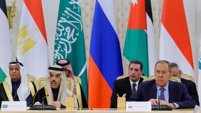 Saudi Foreign Minister Prince Faisal bin Farhan, left, speaks sitting next to Russian Foreign Minister Sergey Lavrov during a meeting about Gaza in Moscow last November. AP