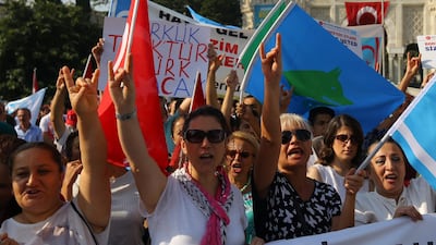 Supporters of Nationalist Movement Party in September 2017 shout slogans during a protest against the independence referendum in northern Iraq. Kemal Aslan / Reuters