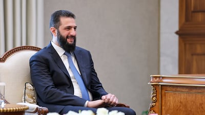 President Ahmad al-Sharaa is seen meeting with an Emirati economic delegation at the People’s Palace in Damascus. Photo: Presidency of the Syrian Arab Republic