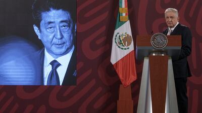 Mexican President Andres Manuel Lopez Obrador offers his condolences at the National Palace in Mexico City. AP