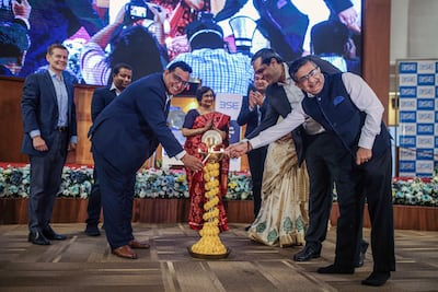 Vijay Shekhar Sharma, founder and chairman of One97 Communications, operator of PayTM, second left, lights a lamp during the listing ceremony of the company's IPO at the Bombay Stock Exchange in Mumbai, India, on Thursday, November 18, 2021. Bloomberg