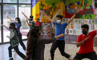 Pupils rehearsing their dance performance for Dubai Expo 2020 at Delhi Private School at Jebel Ali, Dubai. Khushnum Bhandari / The National