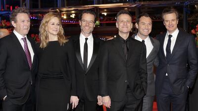 From left, writer John Logan, actors Laura Linney and Guy Pearce, director Michael Grandage, and actors Jude Law and Colin Firth on the red carpet for Genius at the 2016 Berlinale Film Festival. Michael Sohn / AP Photo