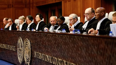 The 15-member panel of the International Court of Justice hearing the case into Israel's occupation of Palestine, in the Hague, the Netherlands. Reuters