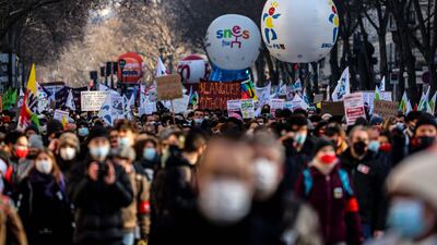 French teachers and their supporters take part in a protest to demand clarity from the government on Covid-19 measures. AFP