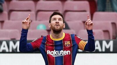 Lionel Messi celebrates putting Barcelona in front from the penalty spot during their 1-1 La Liga draw with Cadiz at Camp Nou on February 21. Reuters