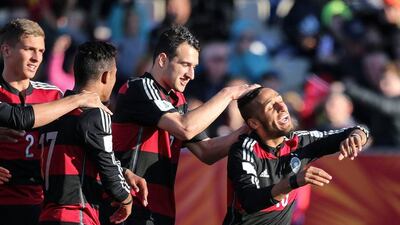 Hany Mukhtar, right, of Germany celebrates with teammates after scoring a goal during the Fifa U20 World Cup New Zealand 2015 Group F match between Honduras and Germany on June 7, 2015 in Christchurch, New Zealand. (Photo by Martin Hunter/Getty Images)