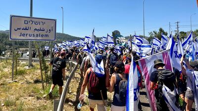 Protesters marching near Motza, on the western edge of Jerusalem, on Saturday. Reuters