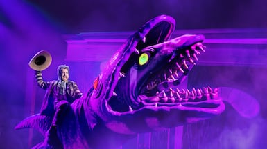 Bold on-stage design quickly establishes the quirky world of Beetlejuice. Photo: Etihad Arena