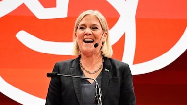 The Swedish Social Democratic Party leader Magdalena Andersson speaks during an election night party in Stockholm. AFP