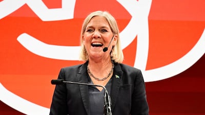 The Swedish Social Democratic Party leader Magdalena Andersson speaks during an election night party in Stockholm. AFP