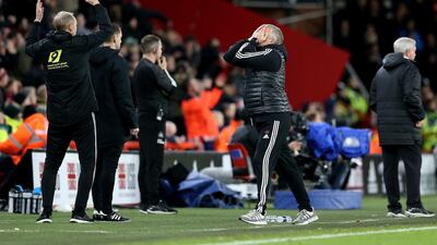 Sheffield United manager Chris Wilder reacts to a missed chance. Getty