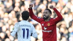 Manchester United's Matheus Cunha celebrates scoring against Leeds United at Elland Road. AFP