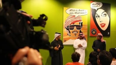 The Al Awadhi brothers, Peyman and Mohamed, with Albara Alohali, a guest from Saudi Arabia, during the shooting of Peeta Planet at World Trade Centre in Dubai yesterday.