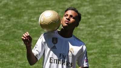 Rodrygo controls a ball during his Real Madrid unveiling. Reuters