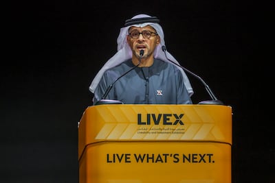 Mohamed Ali Al Shorafa, chairman of the Department of Municipalities and Transport, addresses delegates at LIVEX 2026. Victor Besa / The National