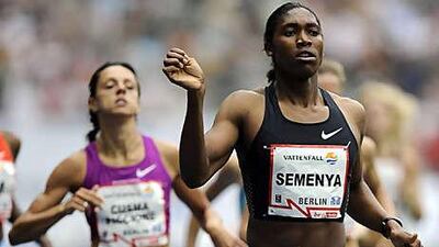 Caster Semenya winning the women's 800m in Berlin yesterday. Out for 11 months because of gender testing, she broke the two-minute mark for the first time since her return in July.