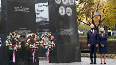 President-elect Joe Biden and Jill Biden, attend a service at the Philadelphia Korean War Memorial at Penn's Landing on Veterans Day, in Philadelphia. AP