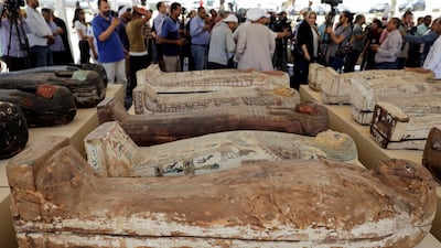 Sarcophagi dating from around 2,500 years ago, at a presentation in Giza, Egypt. Reuters