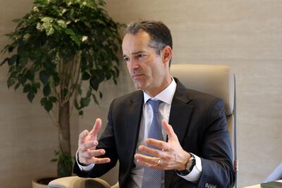 Etihad Airways chief executive Antonoaldo Neves speaks at the Dubai Airshow 2025 located in Al Maktoum International Airport. Chris Whiteoak / The National